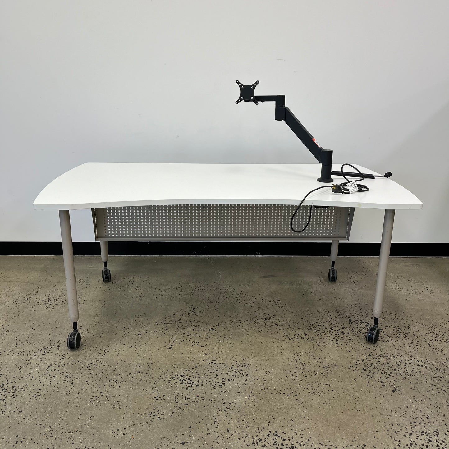 White Desk with Built-in Monitor Arm