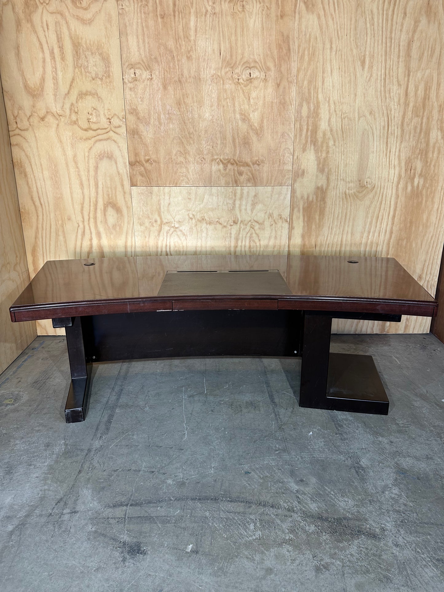 Timber executive desk with cable management and leather inlay