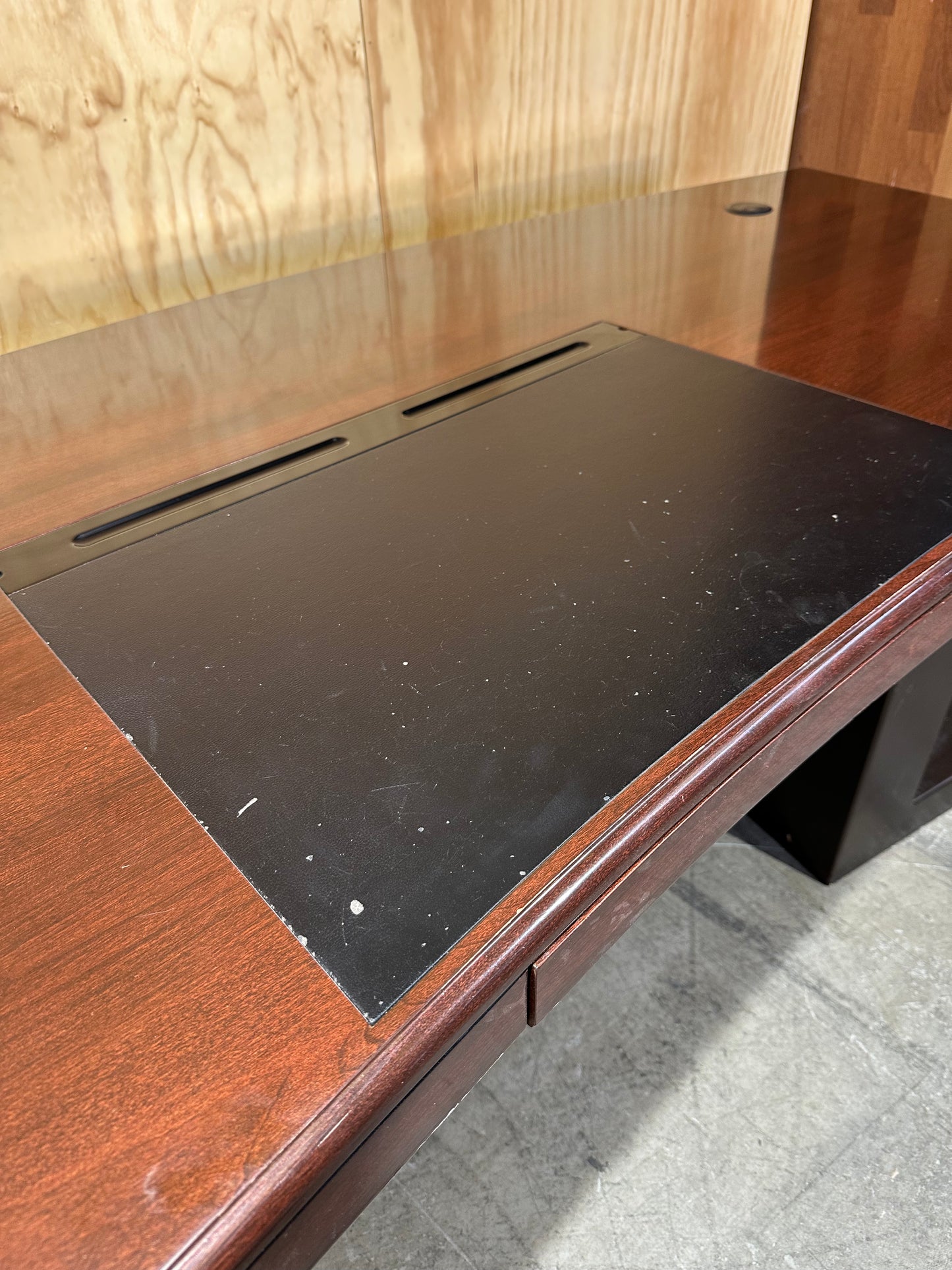 Timber executive desk with cable management and leather inlay