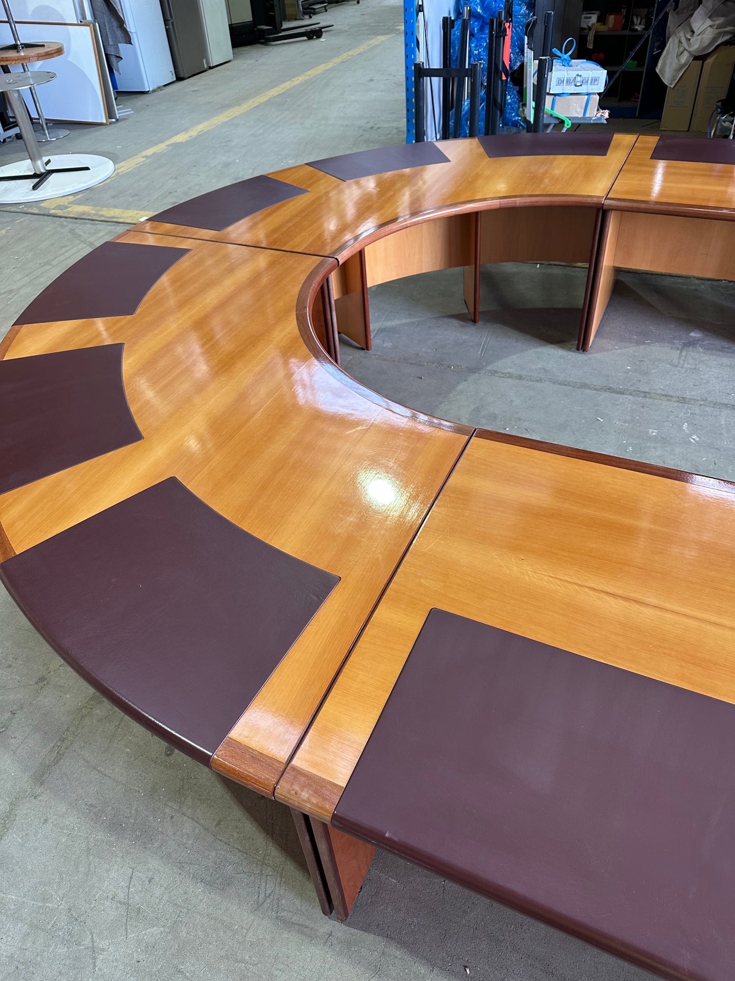 Corporate 18 seat horseshoe boardroom table with leather inlays