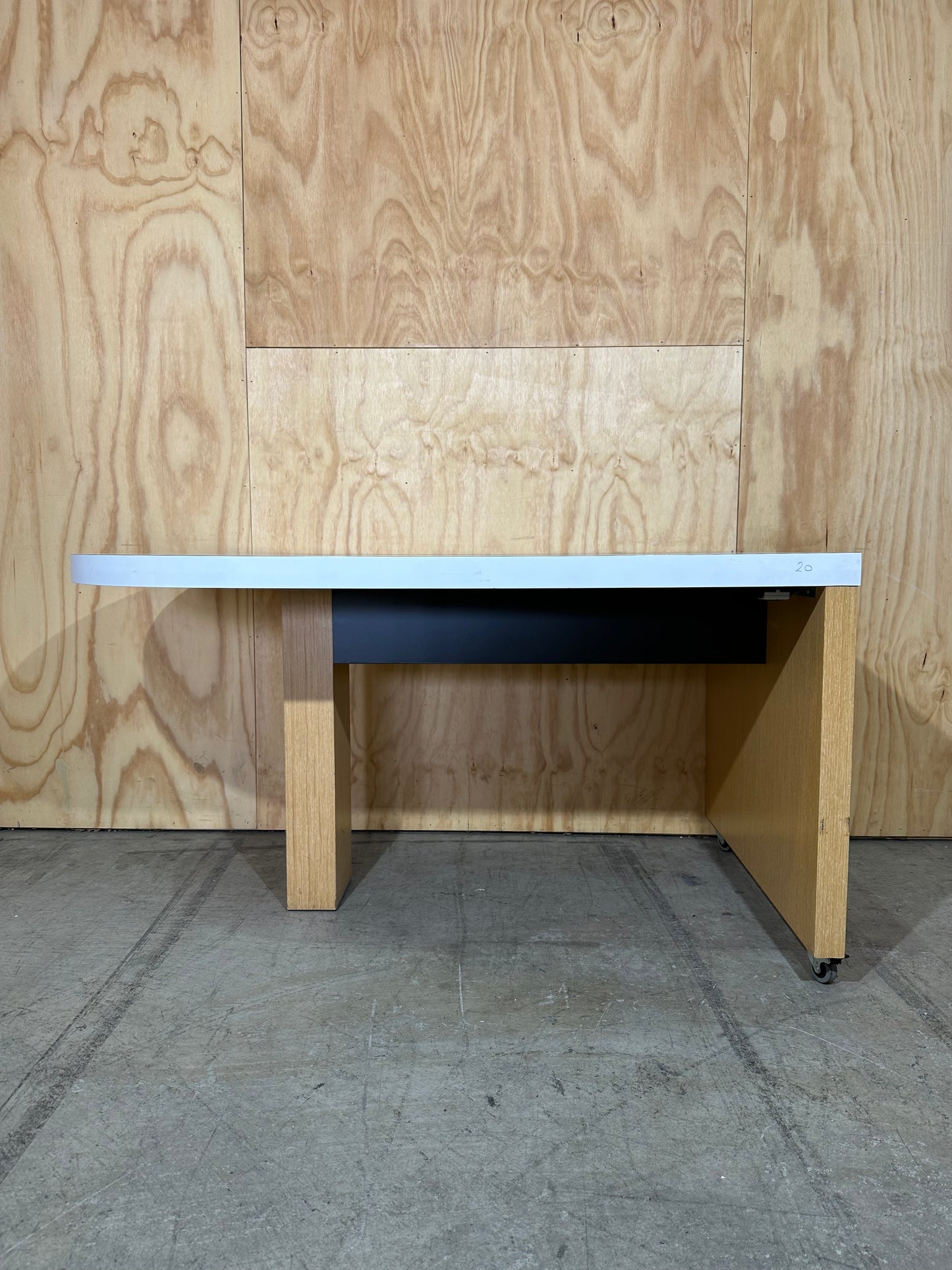 White wall mounted desk on timber legs & castors