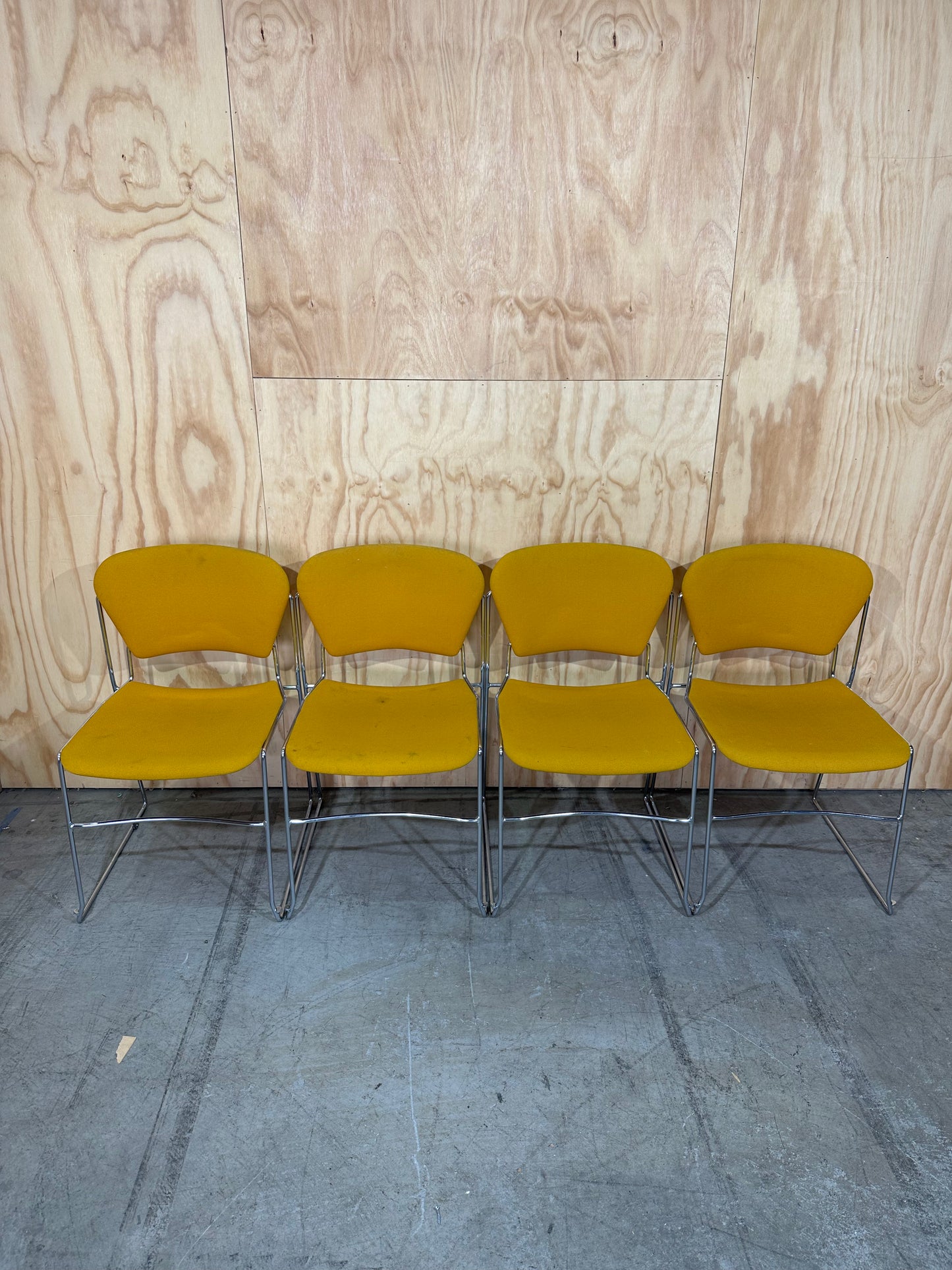 Set of 4 Stem Matrix fabric chairs on chrome frame in yellow