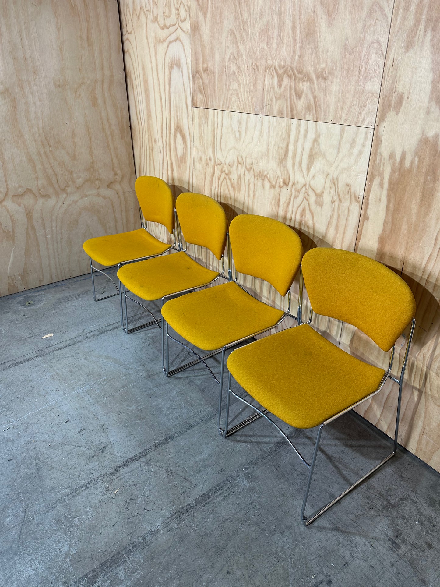 Set of 4 Stem Matrix fabric chairs on chrome frame in yellow