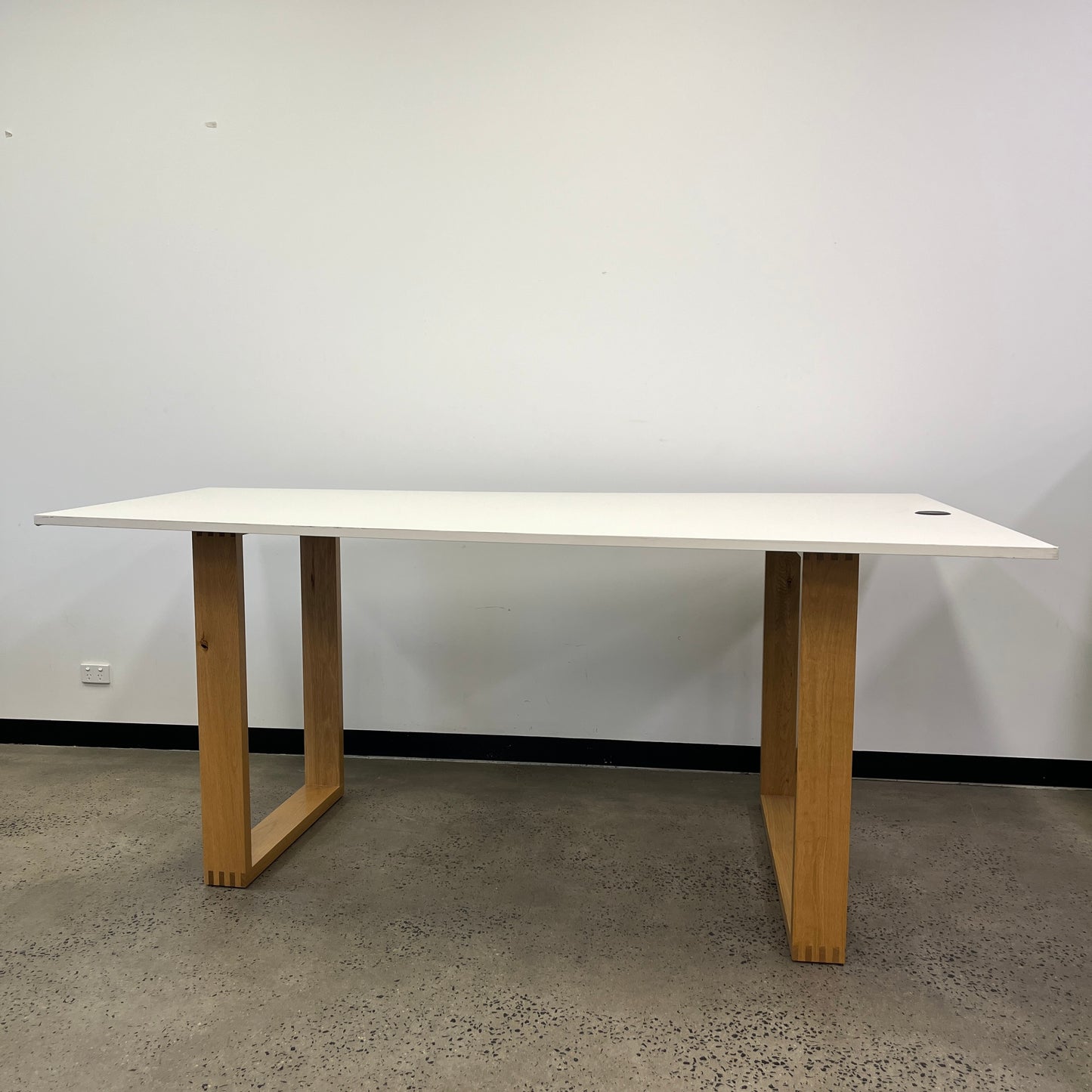 White Standing Desk with Stirrup Wooden Legs