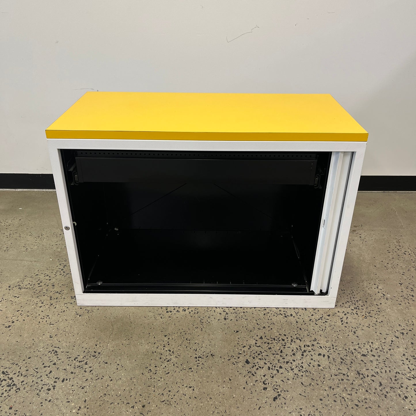 Bosco Low White Tambour Cabinet Yellow Top with Drawer