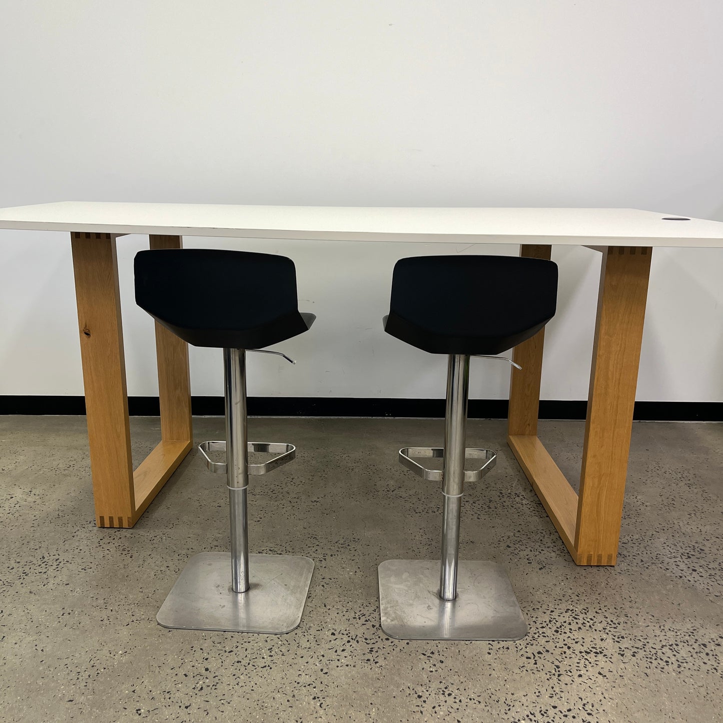 White Standing Desk with Stirrup Wooden Legs