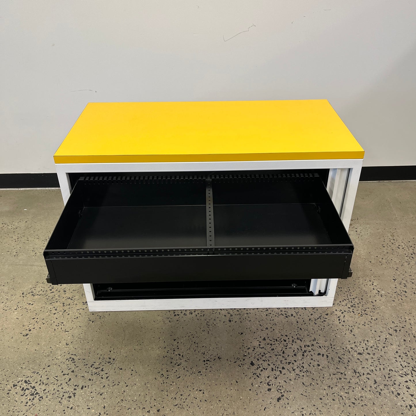 Bosco Low White Tambour Cabinet Yellow Top with Drawer