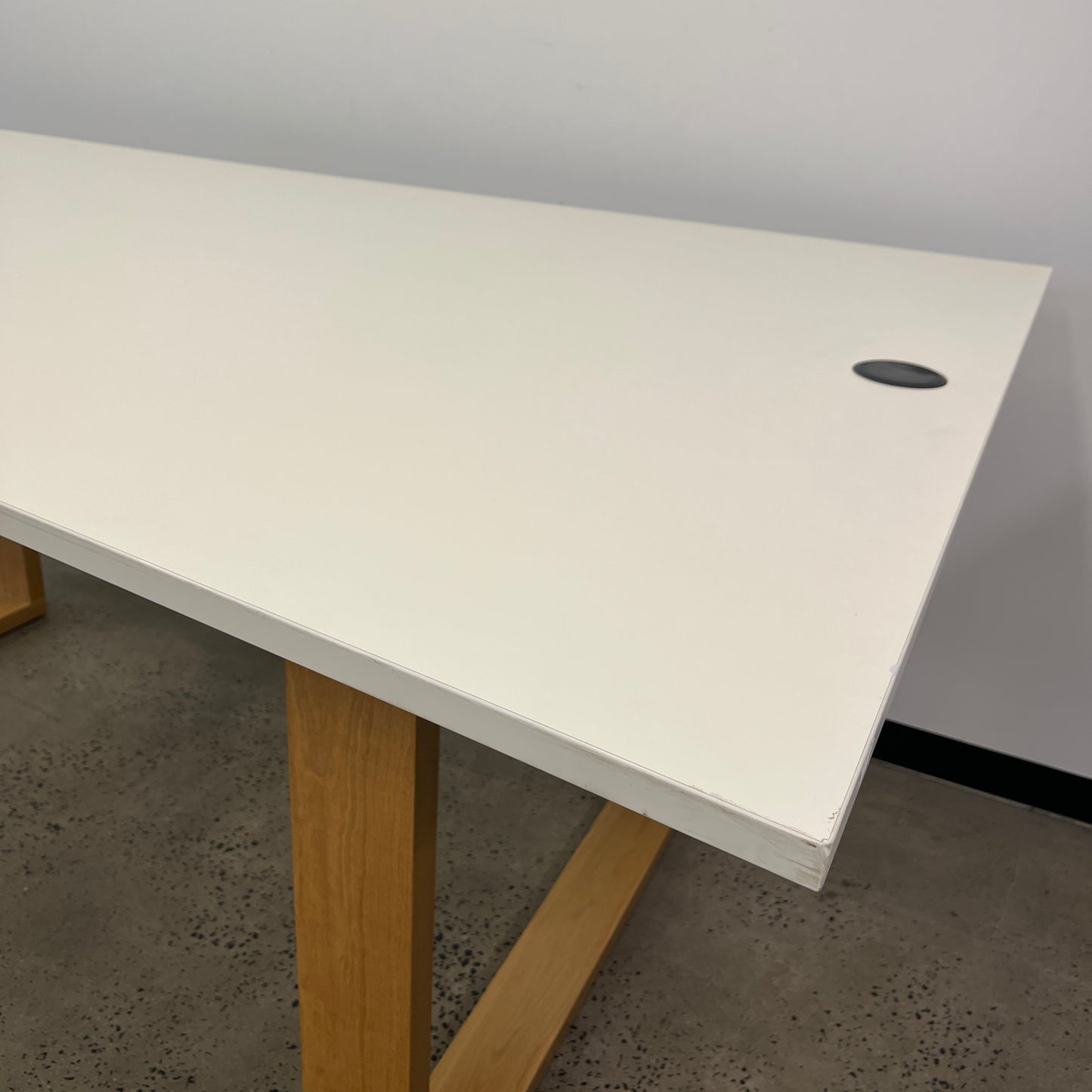 White Standing Desk with Stirrup Wooden Legs