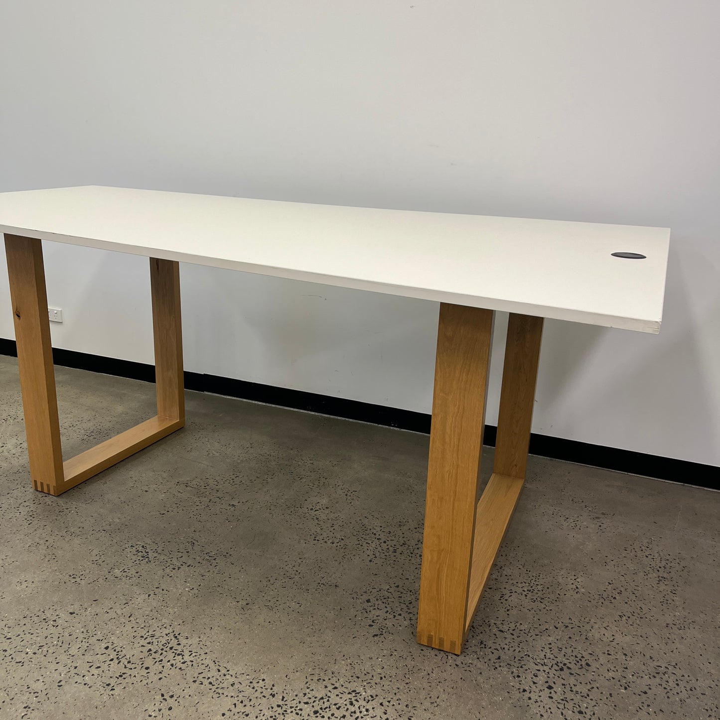 White Standing Desk with Stirrup Wooden Legs