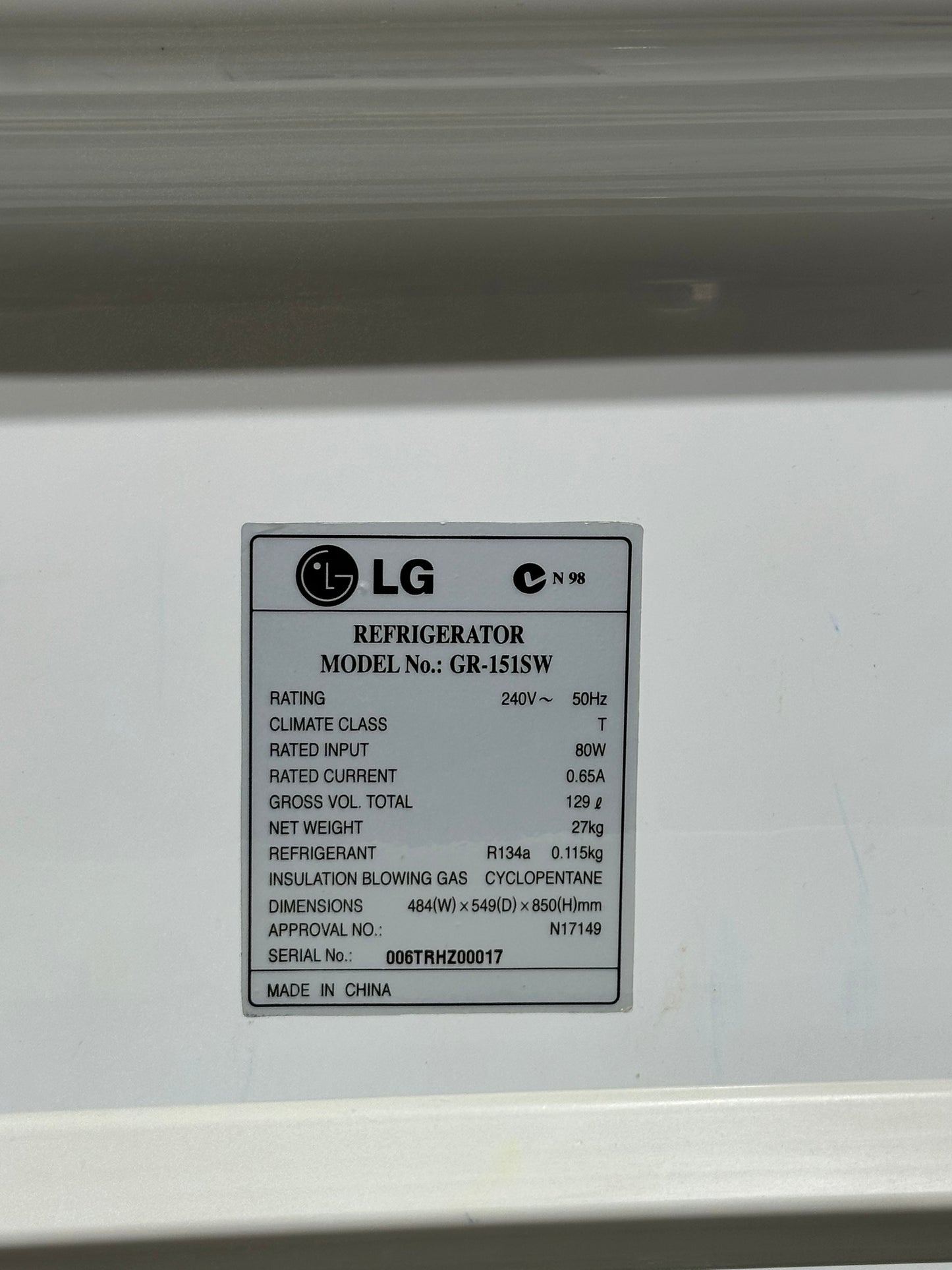 LG GR-151SW 129L Bar Fridge with Chill Zone