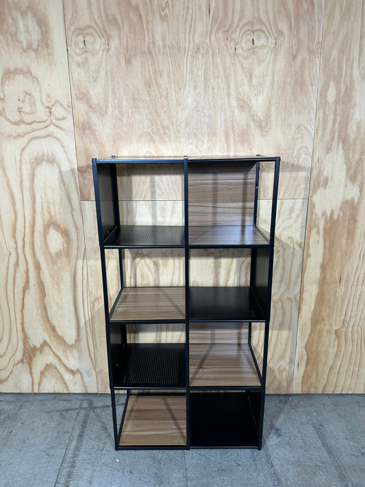 Black metal and wood veneer cube bookshelf