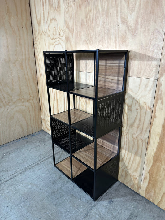 Black metal and wood veneer cube bookshelf
