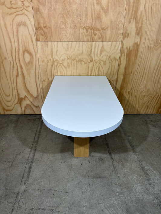 White wall mounted desk on timber legs & castors