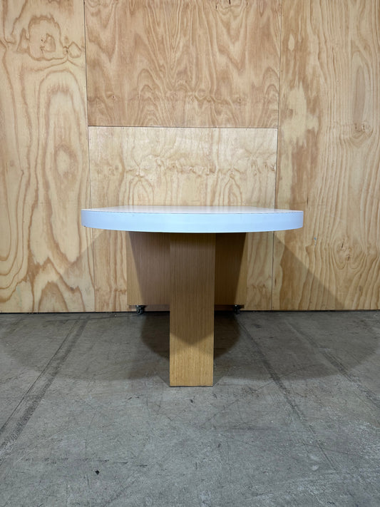White wall mounted desk on timber legs & castors
