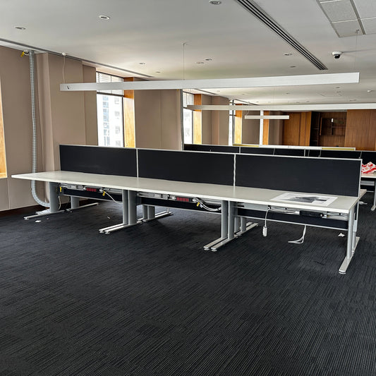 Workstation 6 Person White Desk with Black Partitions