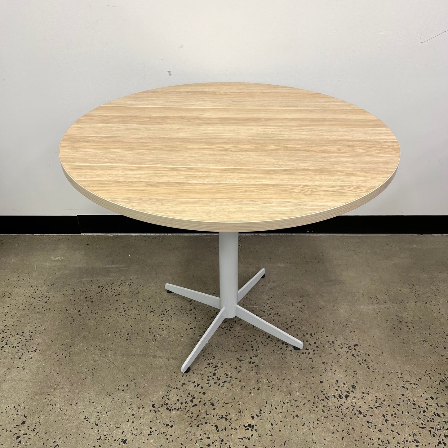 Round Oak Veneer Table with white metal legs