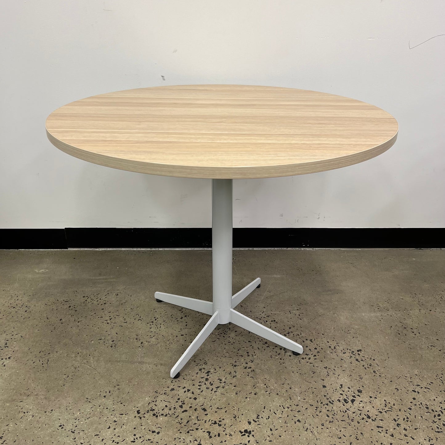 Round Oak Veneer Table with white metal legs