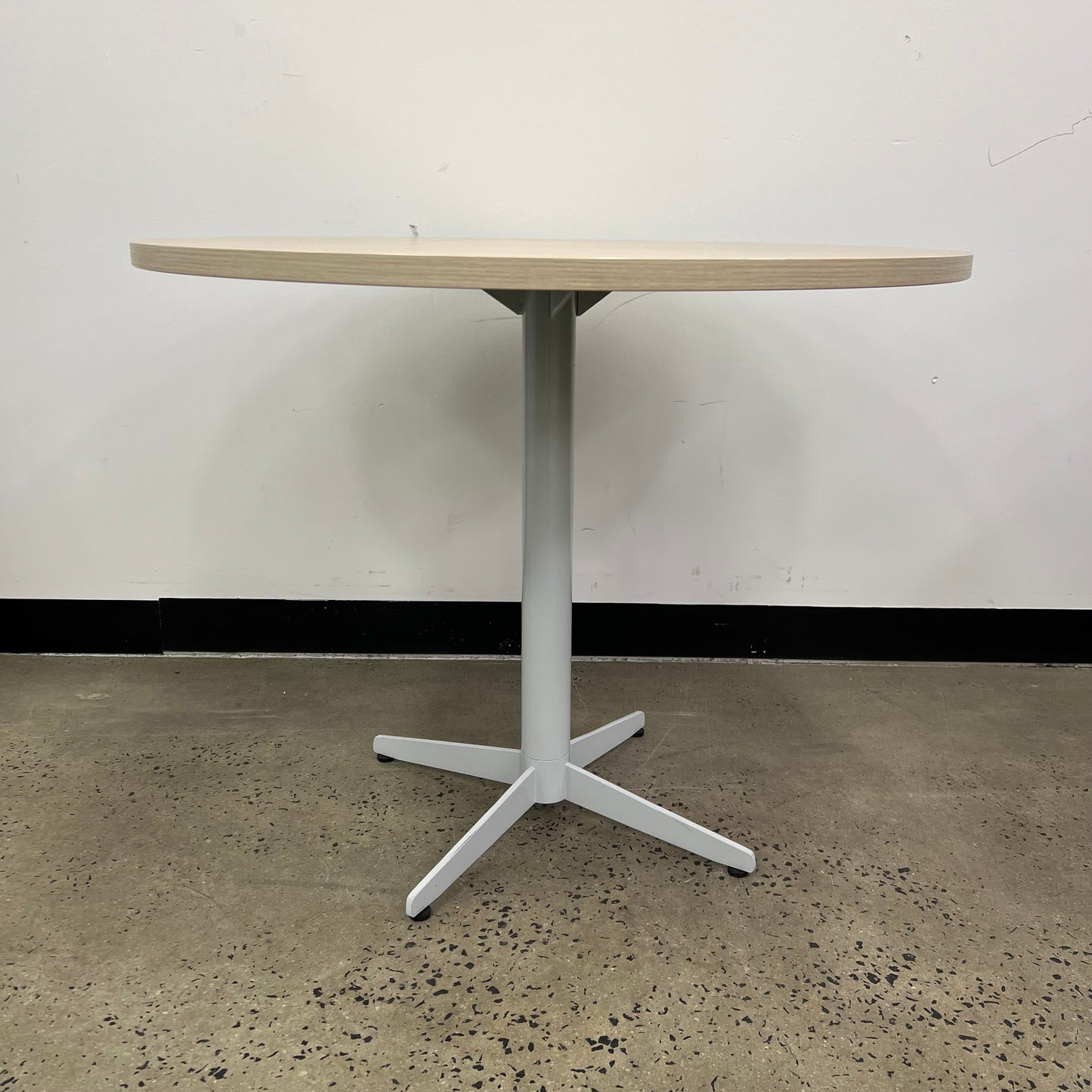 Round Oak Veneer Table with white metal legs