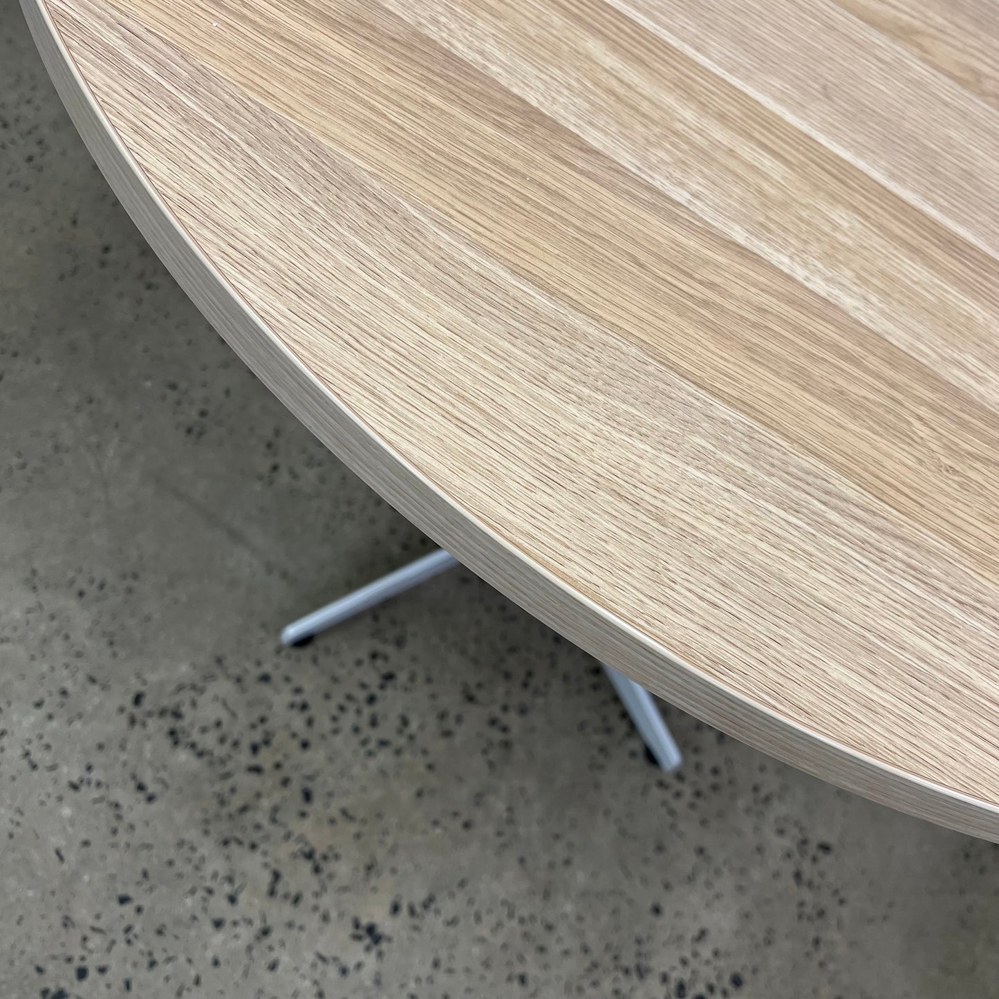 Round Oak Veneer Table with white metal legs