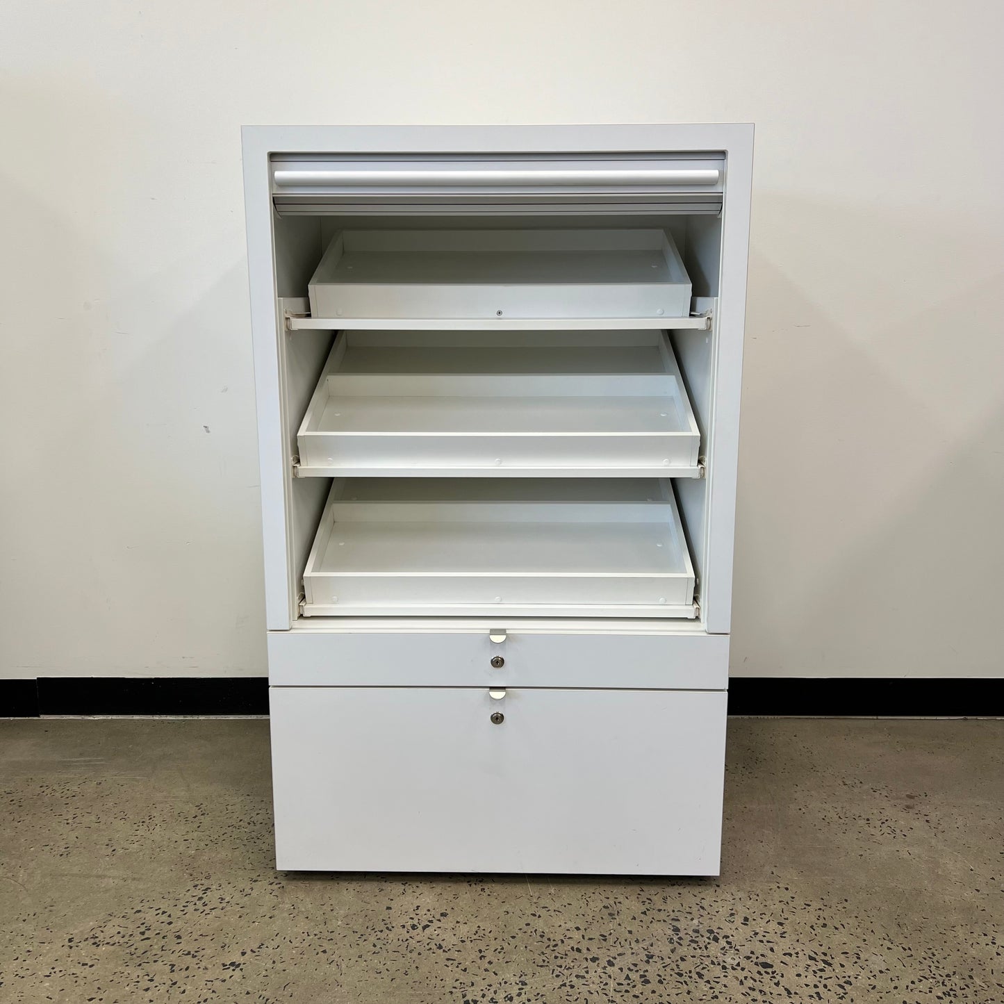 Tambour Angled Shelving Display Cabinet in White