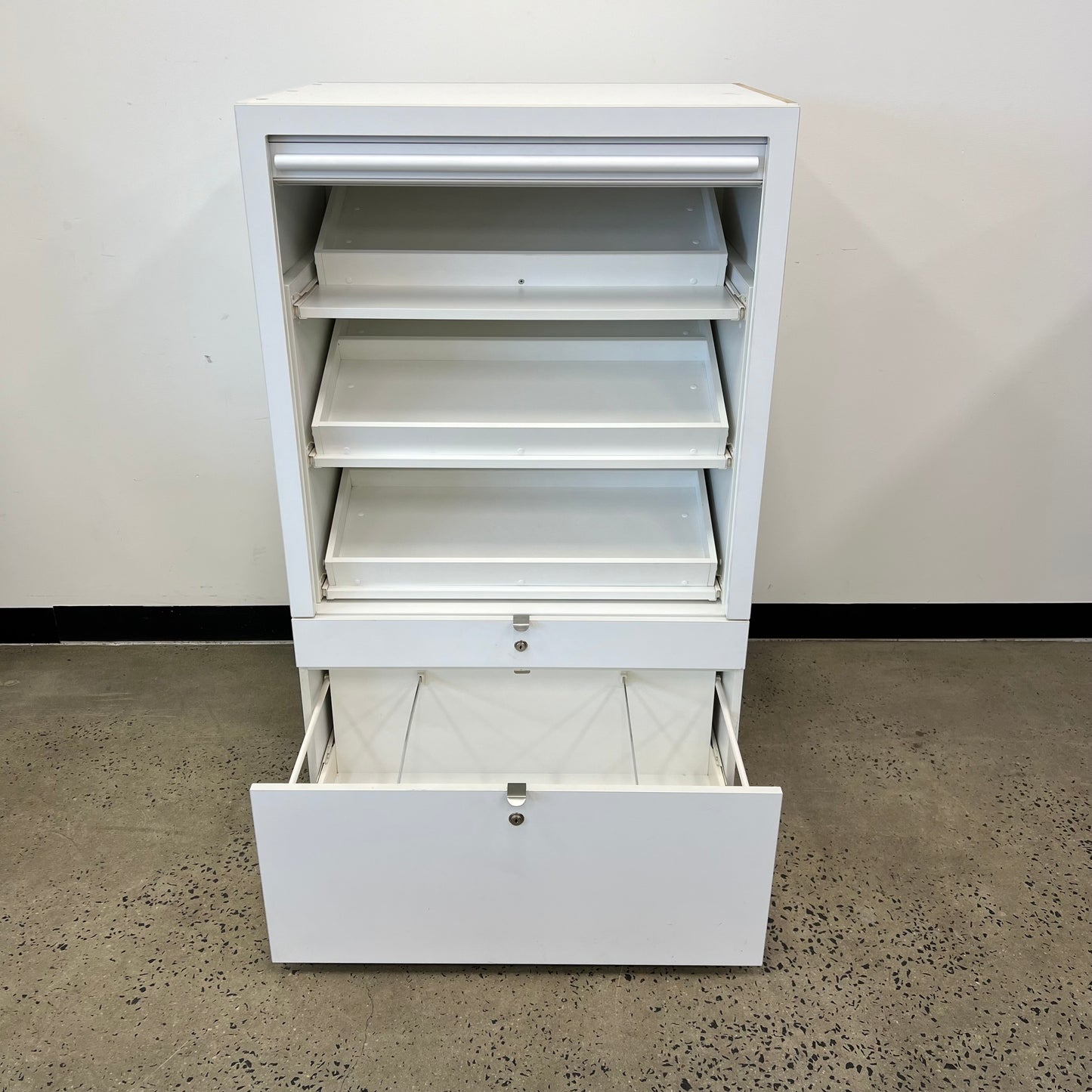 Tambour Angled Shelving Display Cabinet in White