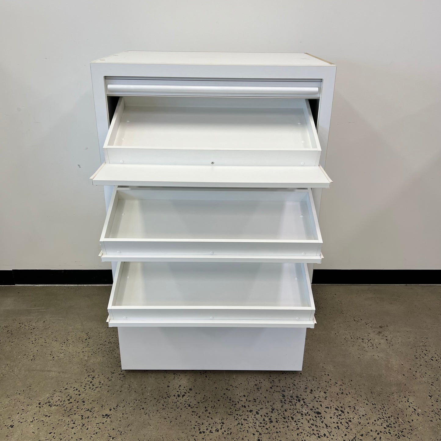 Tambour Angled Shelving Display Cabinet in White