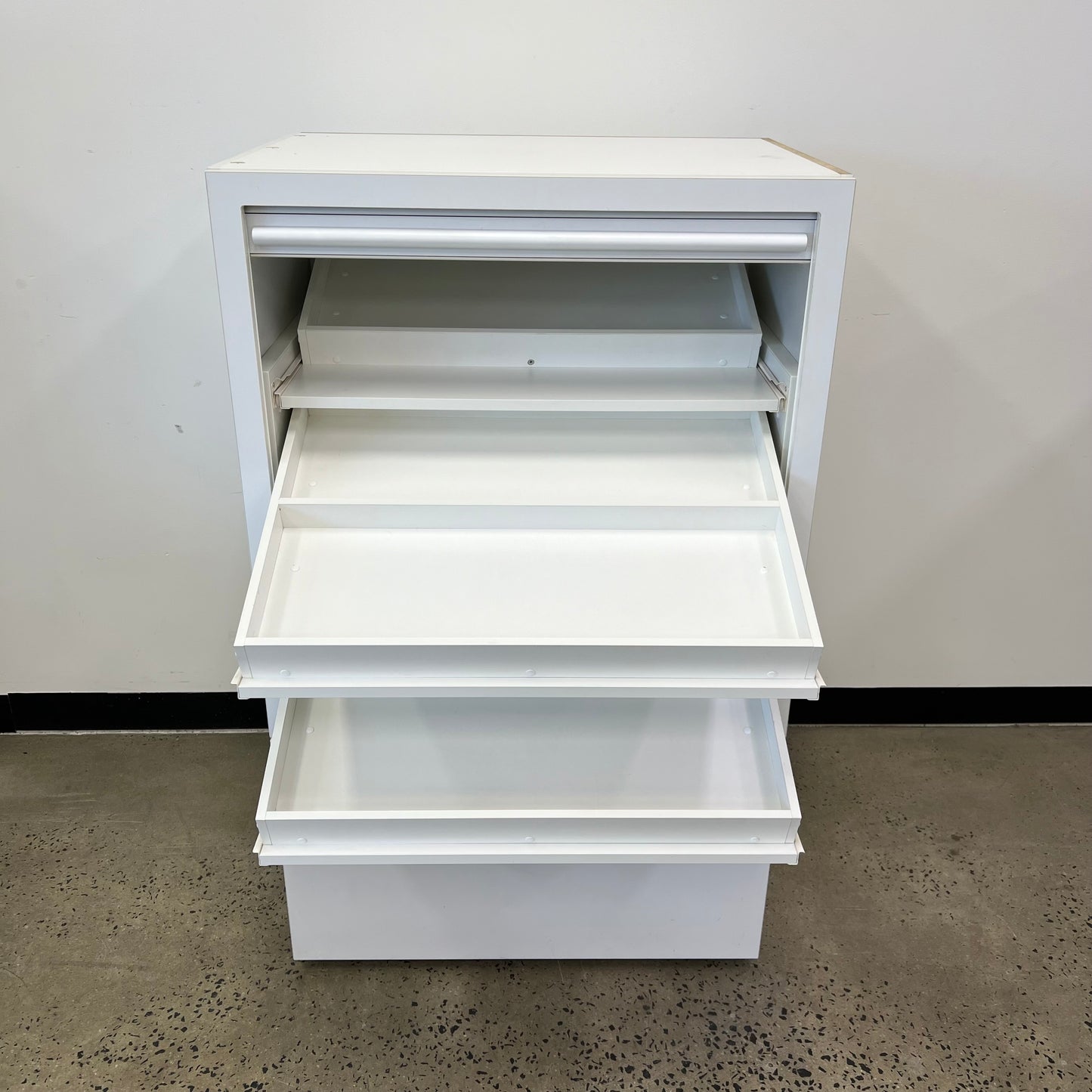 Tambour Angled Shelving Display Cabinet in White