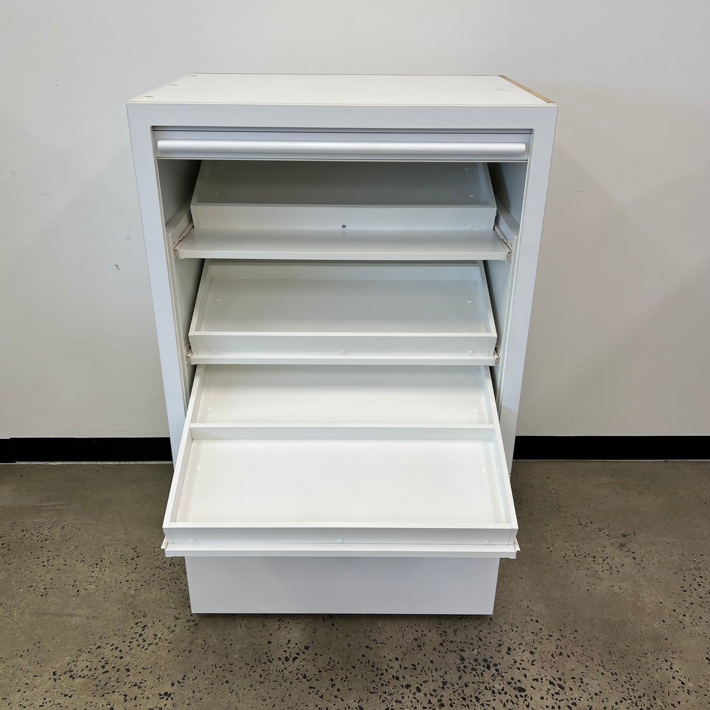 Tambour Angled Shelving Display Cabinet in White