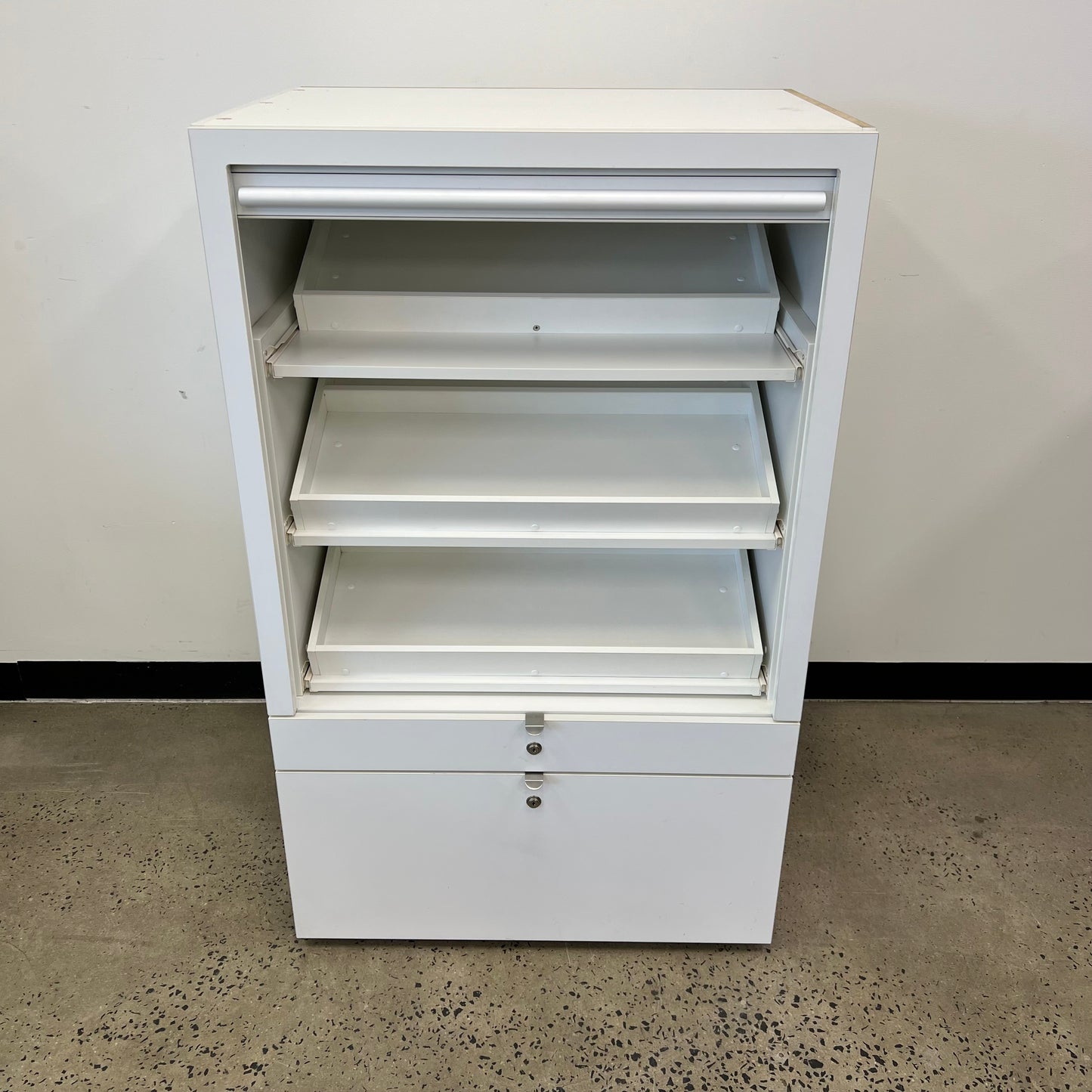 Tambour Angled Shelving Display Cabinet in White