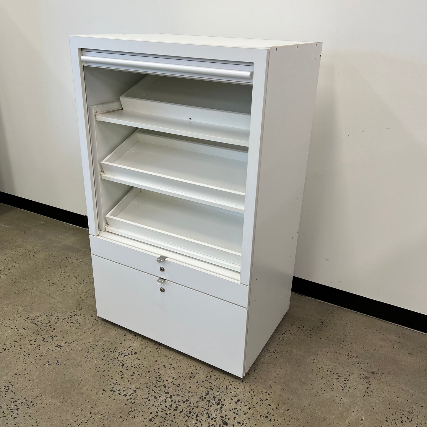 Tambour Angled Shelving Display Cabinet in White