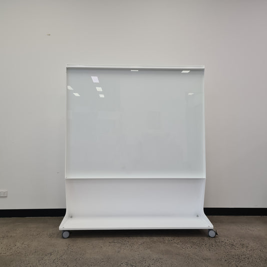 Mobile Magnetic Glass Whiteboard with White Metal Base on Castors