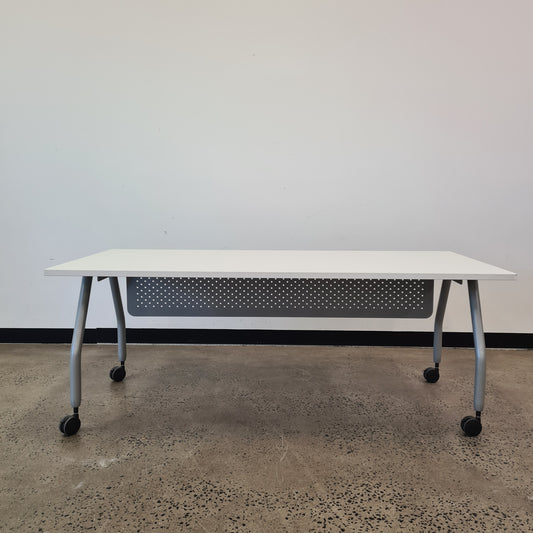 Straight Desk with Modesty Panel in White and Grey on Castors