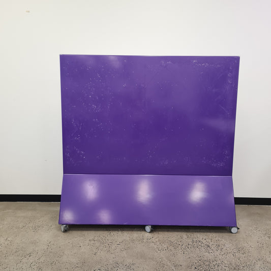 Mobile Magnetic Glass Whiteboard with Purple Metal Base on Castors