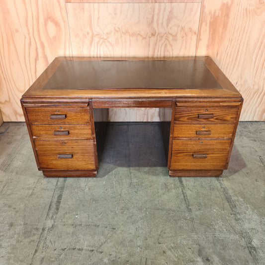 Antique Solid Timber Desk with Double Sided Cabinetry and Leather Top