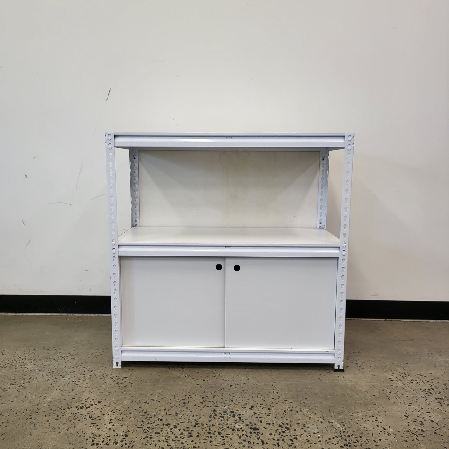 Planex Short Storage Shelving White Metal unit with sliding cupboard doors