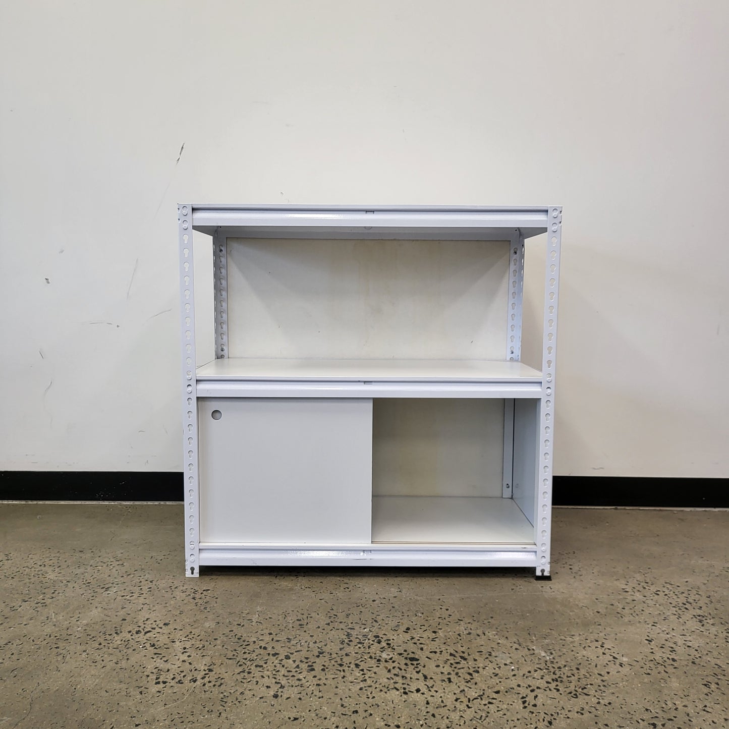 Planex Short Storage Shelving White Metal unit with sliding cupboard doors