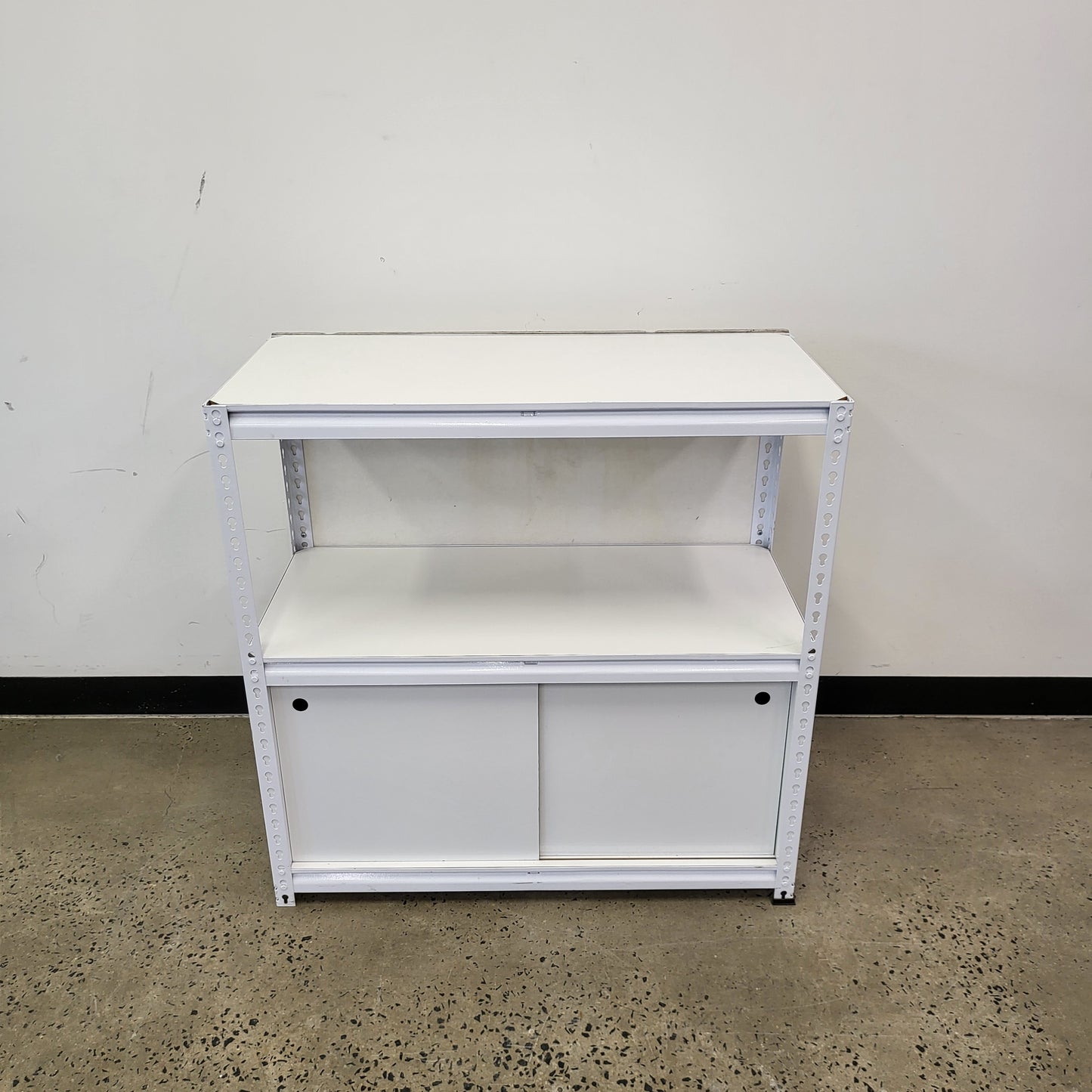 Planex Short Storage Shelving White Metal unit with sliding cupboard doors