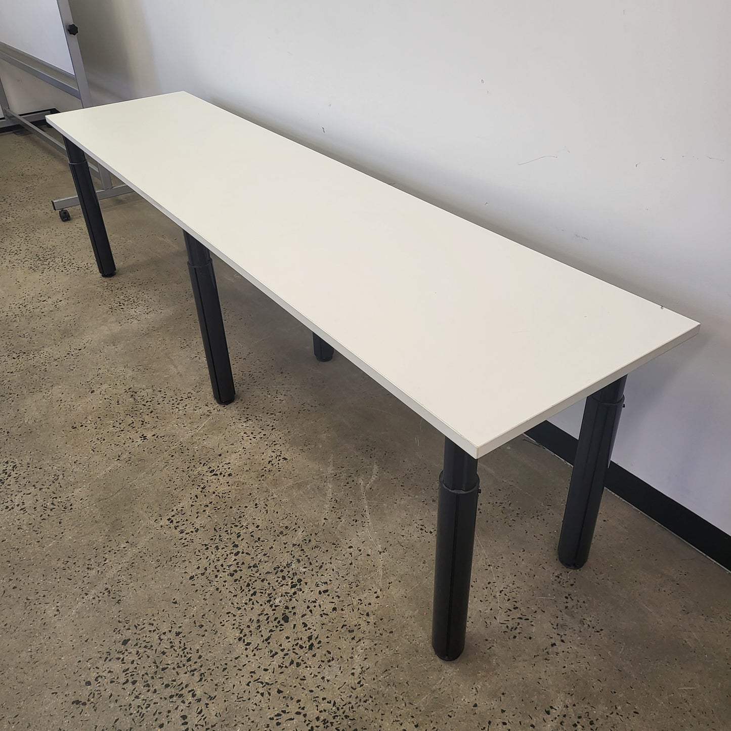 Long Office Desk in White with Black Legs