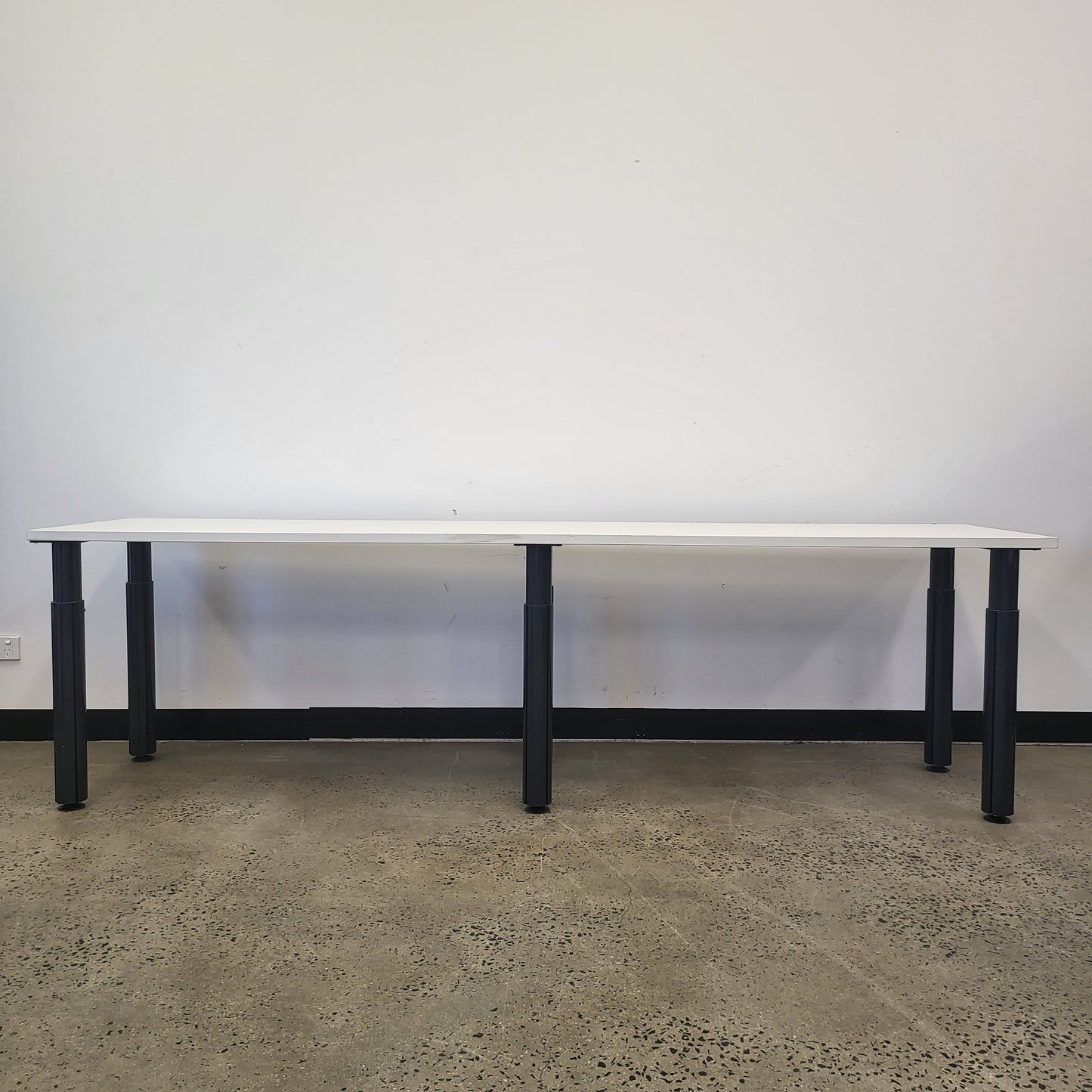 Long Office Desk in White with Black Legs