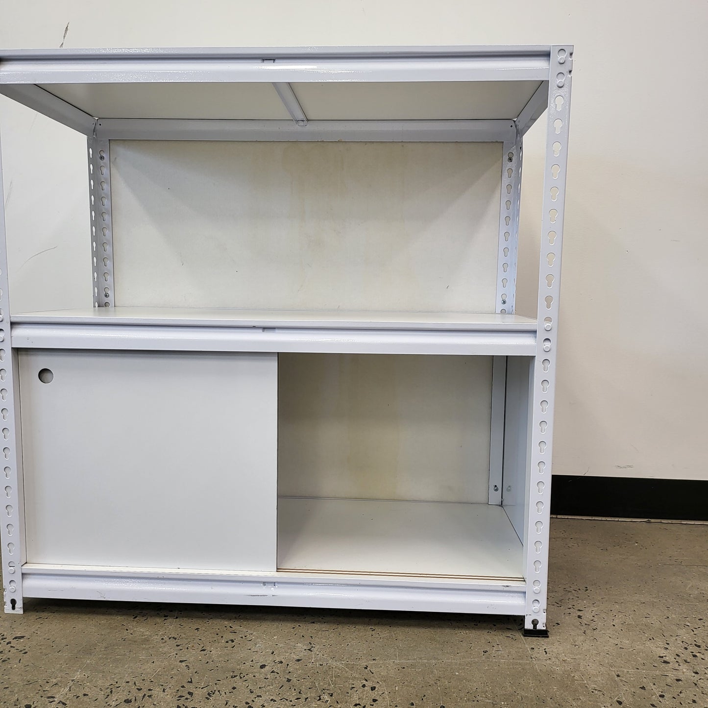 Planex Short Storage Shelving White Metal unit with sliding cupboard doors