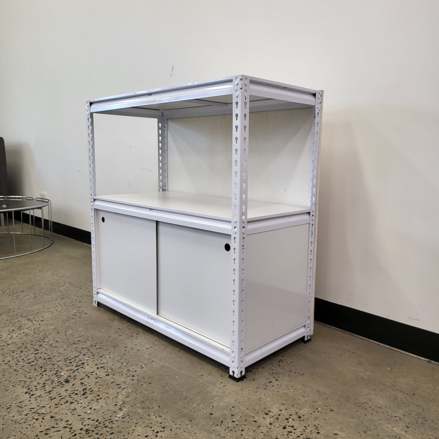 Planex Short Storage Shelving White Metal unit with sliding cupboard doors