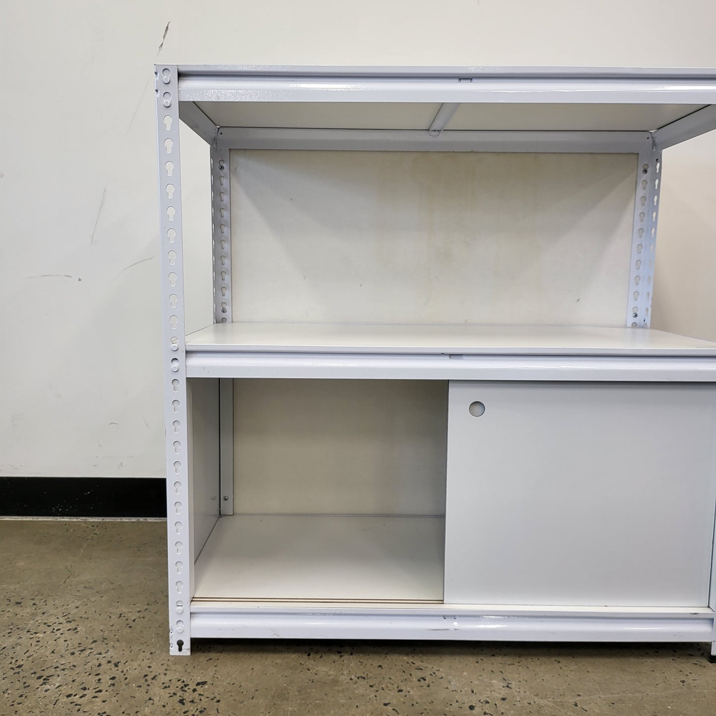 Planex Short Storage Shelving White Metal unit with sliding cupboard doors