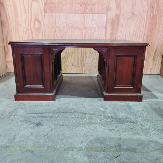 Antique 19th century solid mahogany timber executive desk with genuine leather top