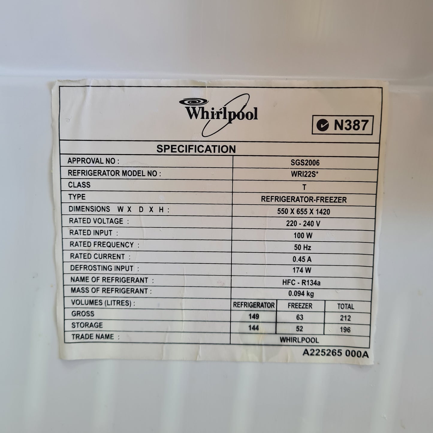 Whirlpool WRI22S* 212 Litre Fridge