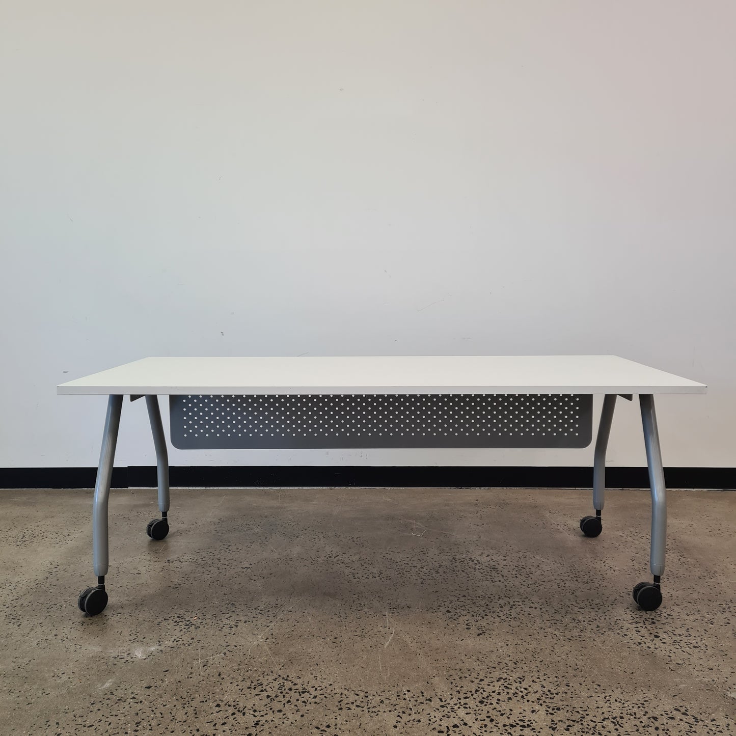 Straight Desk with Modesty Panel in White and Grey on Castors