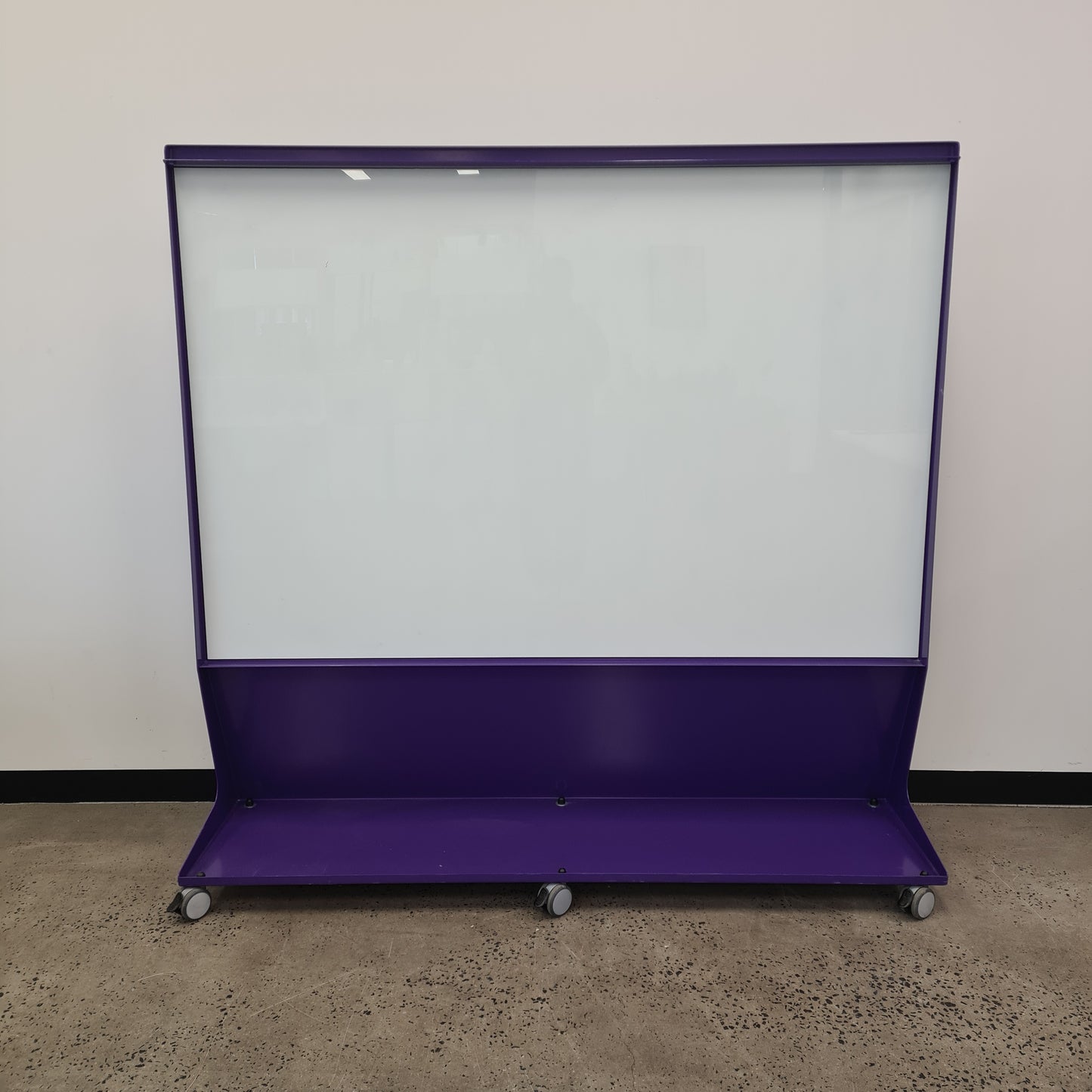 Mobile Magnetic Glass Whiteboard with Purple Metal Base on Castors