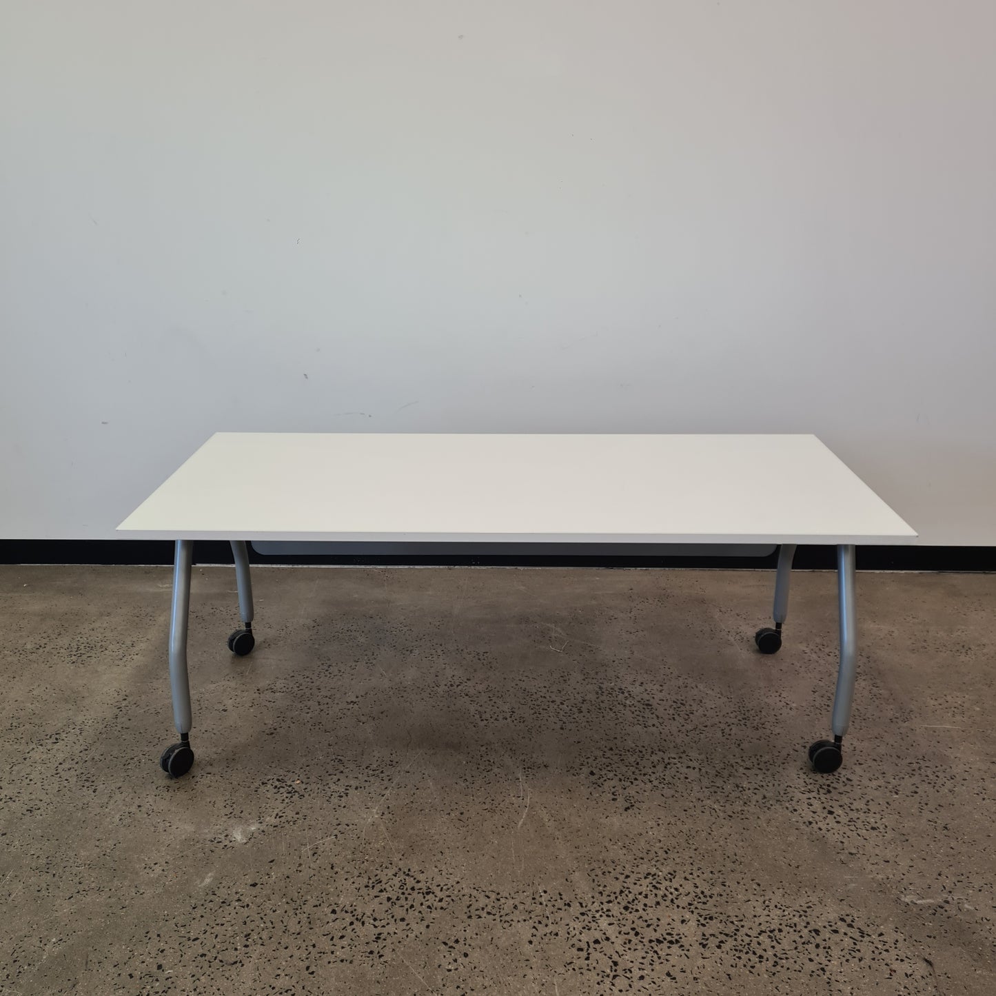 Straight Desk with Modesty Panel in White and Grey on Castors