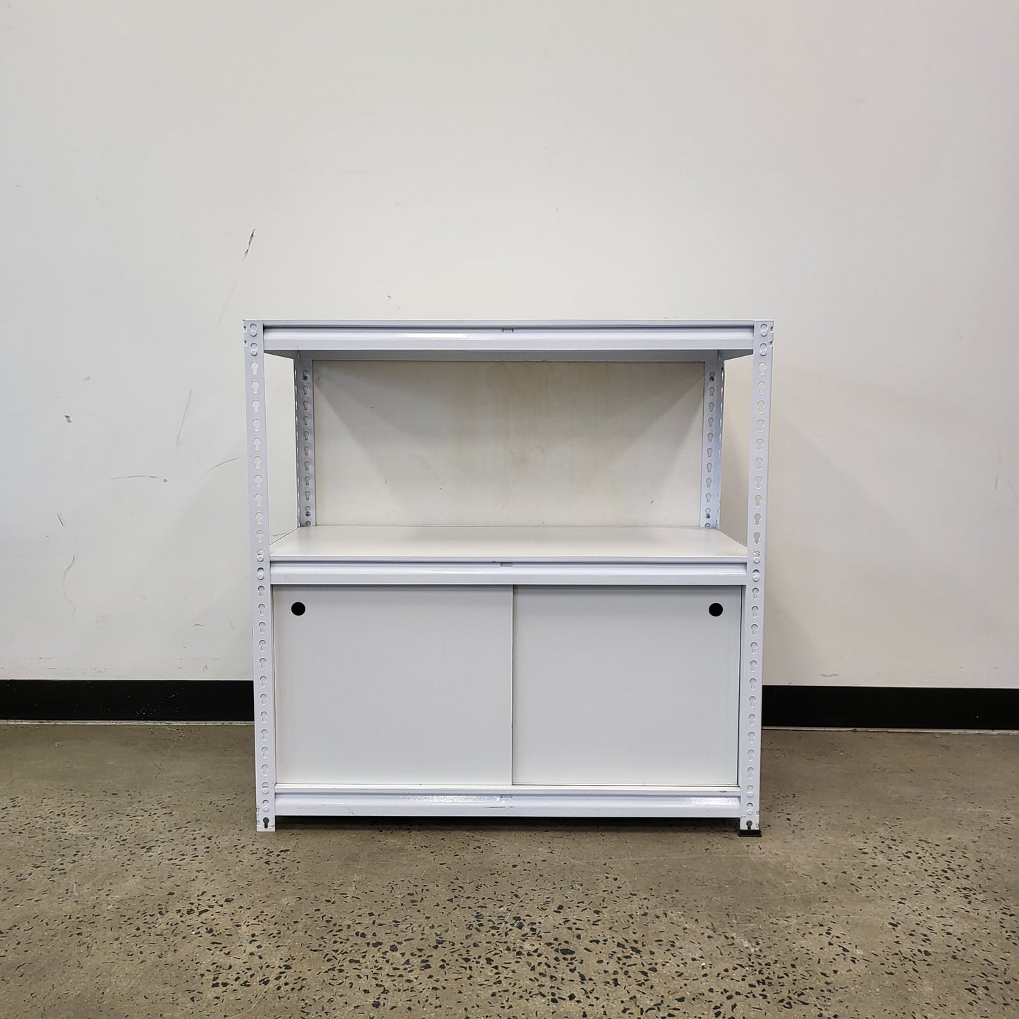 Planex Short Storage Shelving White Metal unit with sliding cupboard doors