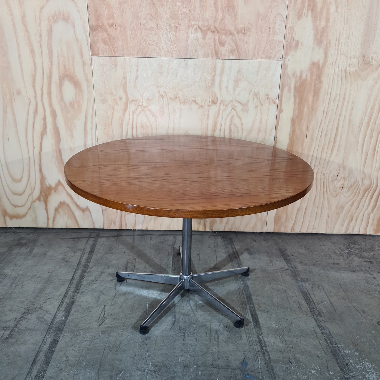 Large Round Oak Cafe Table with Chrome Legs