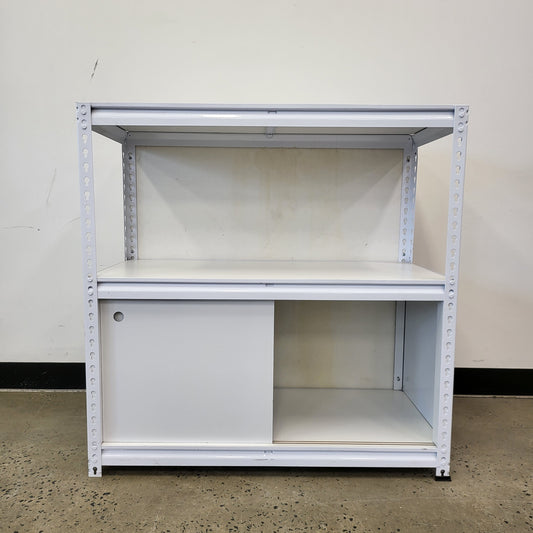 Planex Short Storage Shelving White Metal unit with sliding cupboard doors